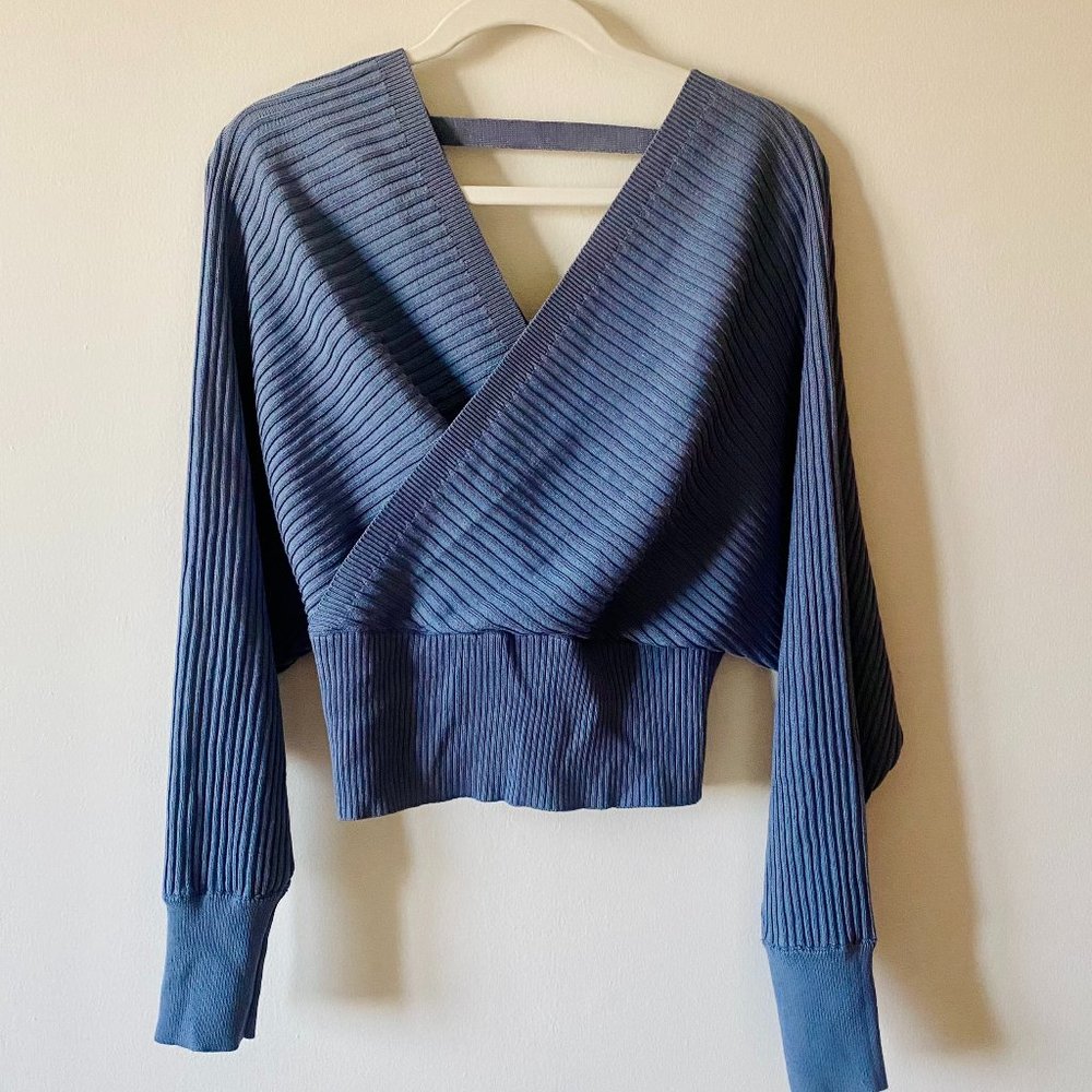Dreamer By Debut Criss Cross V Neck Blue Sweater